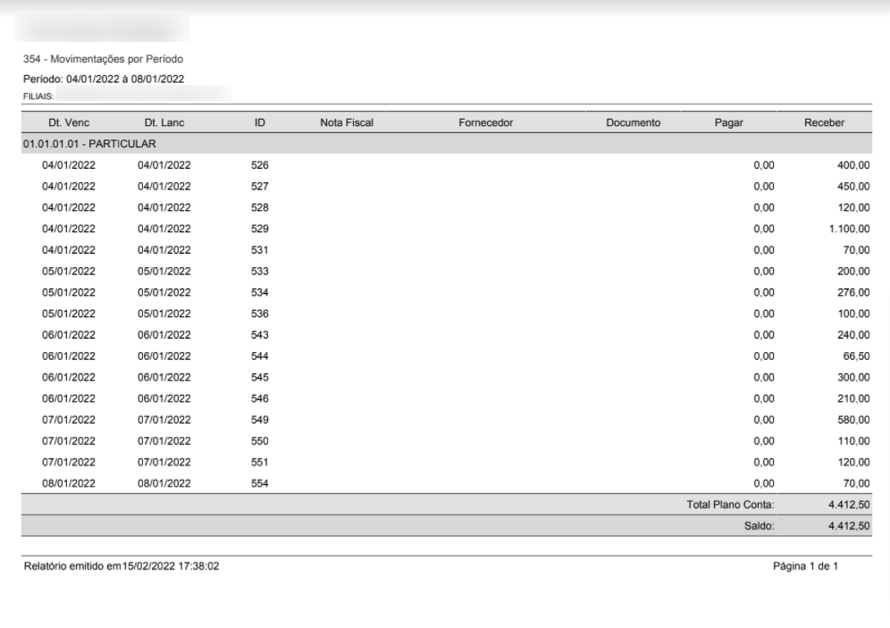 Relatório 354 - Movimentações por período - Visão por plano de conta